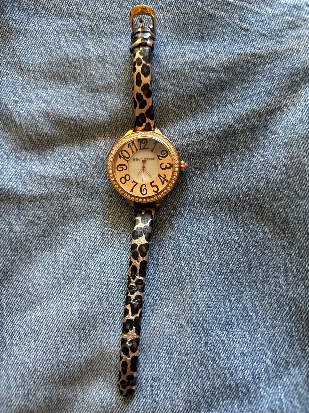 Vintage Betsy Johnson Crystal Bezel Leopard Print Women’s Watch Gold Tone